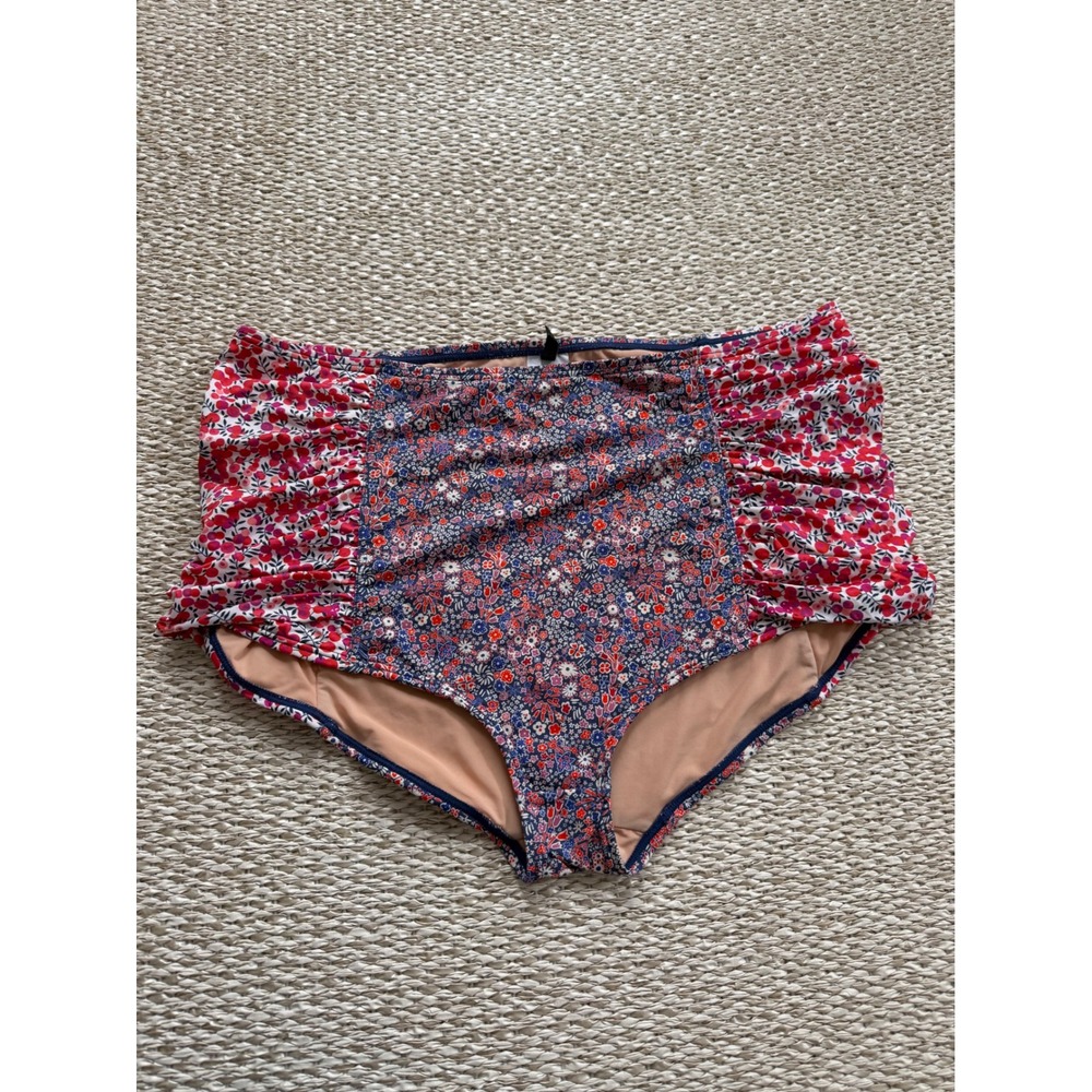 J.Crew Mixed Floral Ruched High Waisted Bikini Bottom XL Red Blue Swimwear boho‎